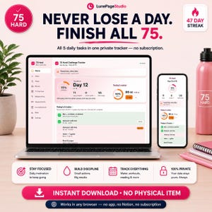 75-dagars utmaningsspårare | Digital 75-dagarsplanerare | Vatten-, tränings- och vanespårare | Fungerar offline, ingen prenumeration | Direkt nedladdning