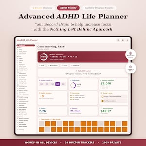 May include: A digital ADHD Life Planner interface featuring a dashboard with progress tracking, habit streaks, mood check-ins, and financial snapshots. The layout includes a sidebar menu, daily affirmation, and various productivity widgets in a maroon and white color scheme.