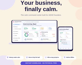 ADHD Small Business Planner, All-in-One Dashboard for Solopreneurs – Income, Client & Project Tracker | Works Offline, No Subscription