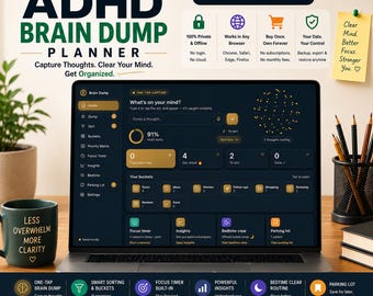 ADHD Brain Dump App, Digital Thought Organizer & Focus Timer for Neurodivergent Adults, Voice Capture (Notion Template)