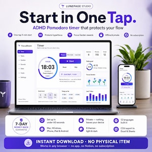 ADHD Pomodoro Timer Digital Planner, Offline Web App Tracker, Task List, Stats, No Subscription (Notion Alternative)