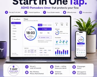 ADHD Pomodoro Timer Digital Planner, Offline Web App Tracker, Task List, Stats, No Subscription (Notion Alternative)