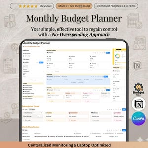 May include: A digital tablet displays a "Monthly Budget Planner" interface. The screen shows expense tracking, income, and subscription management tools. The interface is designed for centralized monitoring and laptop optimization. The image includes the text "Stress-Free Budgeting".