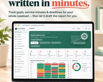 Könnte beinhalten: Ein Laptop-Bildschirm zeigt das Lune Caseload-Dashboard mit grünen und weißen Oberflächenelementen. Der Text lautet: IEP GOAL TRACKER, IEP progress reports, written in minutes, Track goals, service minutes & deadlines for your whole caseload.