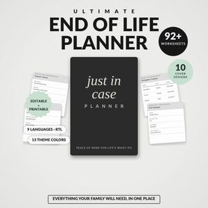 Op de afbeelding: Een zwarte planner getiteld Just in Case Planner met de tekst Peace of Mind for Life's What-Ifs. Het bevat 92+ werkbladen, 10 omslagontwerpen, 9 talen en 13 themakleuren. De set bevat bewerkbare en afdrukbare documentpagina's.