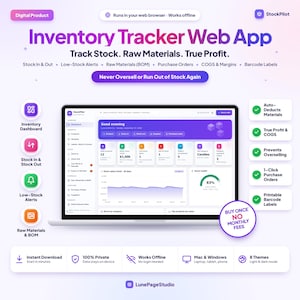 May include: A digital inventory tracker web app interface displayed on a laptop screen. The dashboard features purple and white UI elements, charts, and text including Inventory Tracker Web App, Track Stock, Raw Materials, True Profit, and Never Oversell or Run Out of Stock Again. Icons and feature lists surround the central screen.