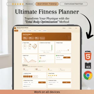 May include: A digital Ultimate Fitness Planner interface displayed on a tablet screen, featuring sections for goal-driven tracking, centralized nutrition, weight trends, hydration, mood, sleep, and medication trackers with a brown and cream color scheme.