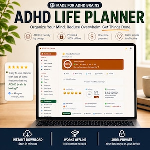 ADHD Life Planner Web App | All-in-One HTML Daily Planner, Habit Tracker, Budget & Mood Log | Works Offline · Instant Download · Light/Dark