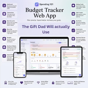Könnte beinhalten: Eine digitale Budget-Tracker-Web-App-Oberfläche auf einem Laptop, Tablet und Smartphone. Der Bildschirm zeigt Finanz-Dashboards, Transaktionslisten und Zielverfolgungsfunktionen. Der Text umfasst Spending 101, Budget Tracker Web App und The Gift Dad Will actually Use, umgeben von Symbolen für verschiedene Finanzmanagement-Tools.