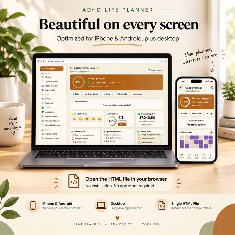 ADHD Life Planner Web App | All-in-One HTML Daily Planner, Habit Tracker, Budget & Mood Log | Works Offline · Instant Download · Light/Dark
