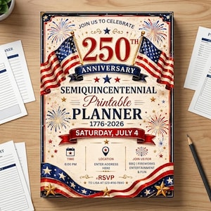 Planificador del 250 aniversario de Estados Unidos / Calendario de fiestas de julio de 2026 (HTML editable, descarga en PDF)