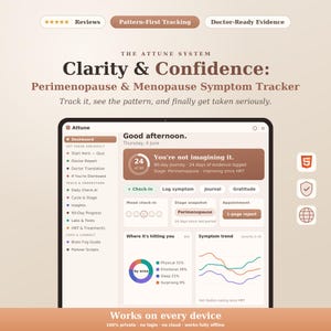 May include: The Attune System digital dashboard for tracking perimenopause and menopause symptoms. The interface displays a 90-day journey progress, mood check-in, symptom trends, and a 1-page report feature. Text includes Clarity & Confidence.