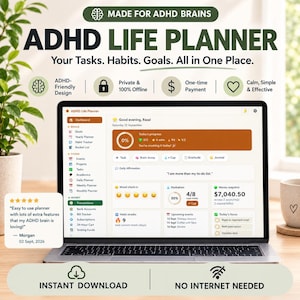 ADHS-Lebensplaner-Web-App | All-in-One-Tagesplaner, Gewohnheitstracker, Budget- und Stimmungsprotokoll – Sofort-Download für Hell/Dunkel