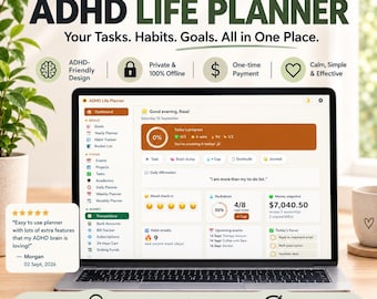 ADHD Life Planner Web App | All-in-One Daily Planner, Habit Tracker, Budget & Mood Log - Instant Download for Light/Dark