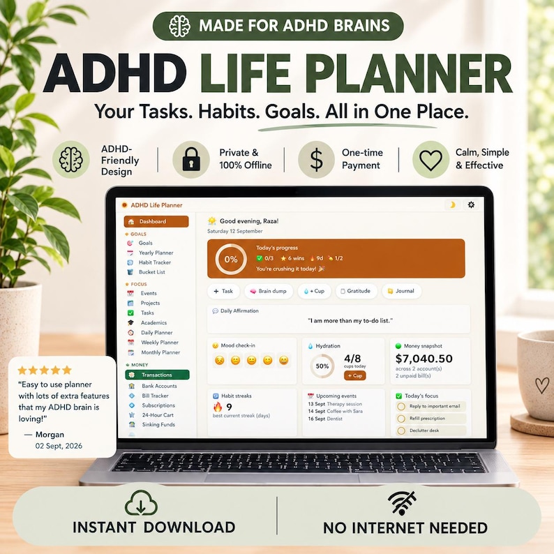 ADHD Life Planner Web App | All-in-One HTML Daily Planner, Habit Tracker, Budget & Mood Log | Works Offline · Instant Download · Light/Dark