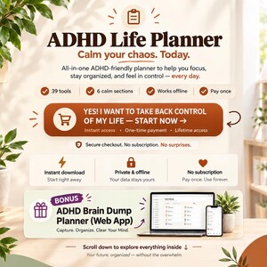 ADHD Life Planner Web App | All-in-One HTML Daily Planner, Habit Tracker, Budget & Mood Log | Works Offline · Instant Download · Light/Dark
