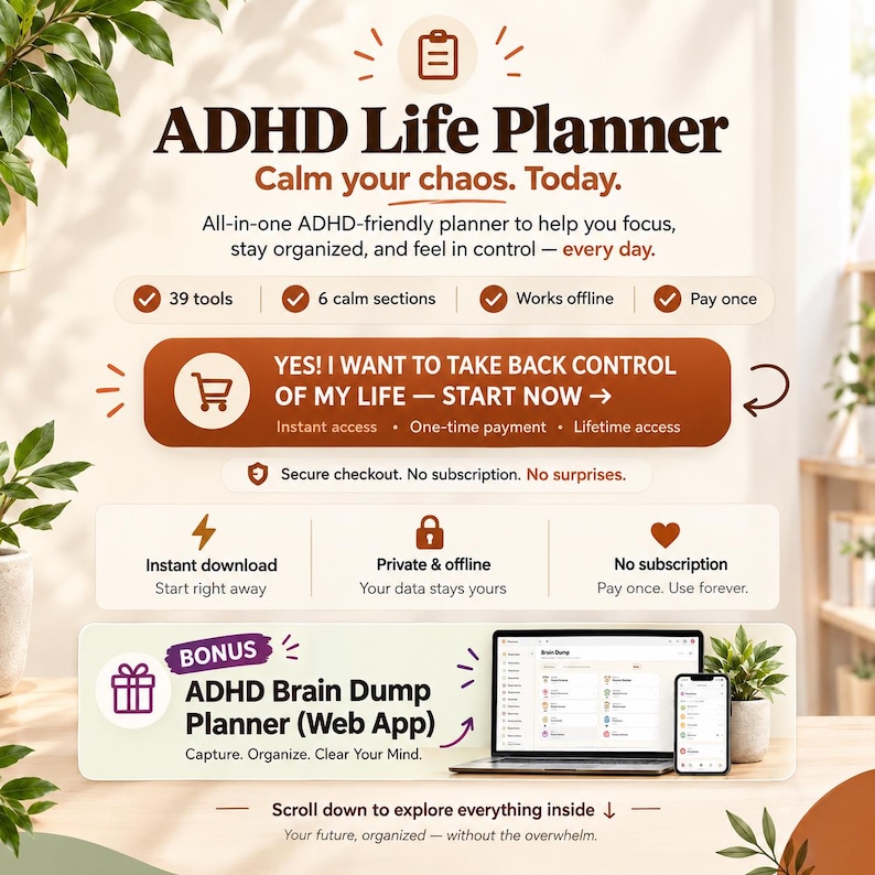 ADHD Life Planner Web App | All-in-One HTML Daily Planner, Habit Tracker, Budget & Mood Log | Works Offline · Instant Download · Light/Dark