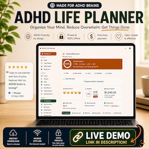 ADHD Life Planner Web App | All-in-One HTML Daily Planner, Habit Tracker, Budget & Mood Log | Works Offline · Instant Download · Light/Dark