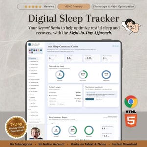 May include: A digital sleep tracker interface displayed on a tablet screen, featuring a dashboard with sleep metrics, charts, and a sleep summary report. The layout includes text headers like Digital Sleep Tracker, Your Sleep Command Center, and Night-to-Day Approach, alongside icons for various tracking tools and a small illustration of a person sleeping.