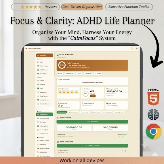 ADHD Life Planner Web App | All-in-One HTML Daily Planner, Habit Tracker, Budget & Mood Log | Works Offline · Instant Download · Light/Dark