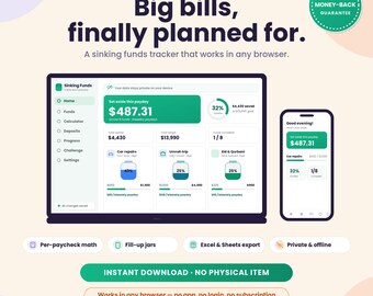 Sinking Funds Tracker App, Paycheck Budget Calculator, Savings Goal Dashboard (Digital Planner)