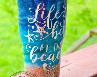 Beach Waves Ocean Epoxy Glitter Tumbler Handle option with lid and straw