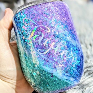 Wine Glass Mermaid Swirl Glitter Sparkle Tumbler with lid and straw