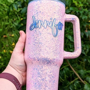 Pink Golden Opal Glitter Tumbler Handle option with lid and straw
