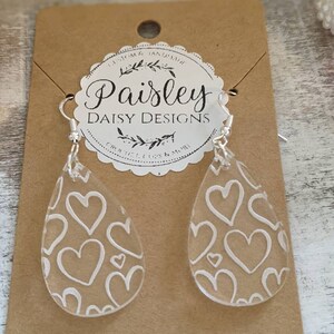 Laser Engraved Acrylic Teardrop Valentine&#39;s Day Love Hearts Earrings White Clear Frosted Rose Gold Pink and Wood