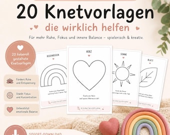 May include: An image promoting children's play dough templates. The image shows cards with line drawings of a rainbow, heart, sun, and leaf. Text on the cards and packaging is in German. A rainbow and heart-shaped object are also visible.