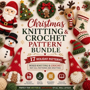 Ensemble de modèles de tricot et de crochet de Noël | 17 modèles pour les fêtes | Père Noël, rennes, lutins, chaussettes de Noël, bonnets d'elfe, décorations (Téléchargement PDF)