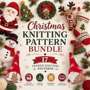 Könnte beinhalten: Eine Sammlung gestrickter Weihnachtsdekorationen mit Weihnachtsmann, Schneemann, Rentier, Gnomen, Baum, Kranz und Socke. Der Text lautet: Christmas KNITTING PATTERN BUNDLE, 17 FESTIVE KNITTING PATTERNS, INSTANT PDF DOWNLOAD, DIGITAL PATTERN, BEGINNER FRIENDLY, ENGLISH INSTRUCTIONS.