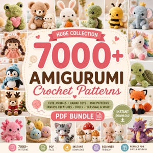 Può includere: Una collezione di modelli all'uncinetto amigurumi colorati, tra cui una rana, un orso, un coniglio, un dinosauro, un'ape, un elefante, una bambola, un pinguino, una renna, un axolotl, un gatto, funghi e un drago. Il testo "HUGE COLLECTION 7000+ AMIGURUMI Crochet Patterns PDF BUNDLE".