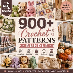 May include: A promotional image showcasing a bundle of over 900 crochet patterns. The image features various crochet items, including amigurumi animals, blankets, bags, clothing, and granny squares. The color palette includes pastels and earth tones. The text "900+ Crochet Patterns Bundle" is prominently displayed.