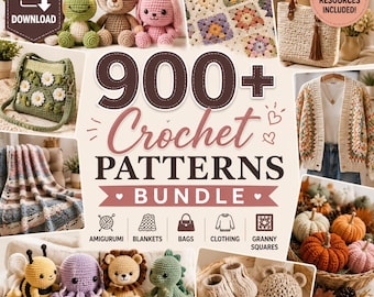 May include: A promotional image showcasing a bundle of over 900 crochet patterns. The image features various crochet items, including amigurumi animals, blankets, bags, clothing, and granny squares. The color palette includes pastels and earth tones. The text "900+ Crochet Patterns Bundle" is prominently displayed.