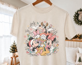 Vintage Mickey Christmas Boxy Tee, Retro Mickey and Friends Signatures Shirt, Mickey Friends Crop Tee, Disneyland Womens Holiday Shirt