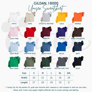 May include: A product image showcasing a variety of Gildan 18000 unisex sweatshirts in various colors, including white, red, and navy. The image also displays a size chart with measurements in inches for width and length, ranging from size S to 2XL.