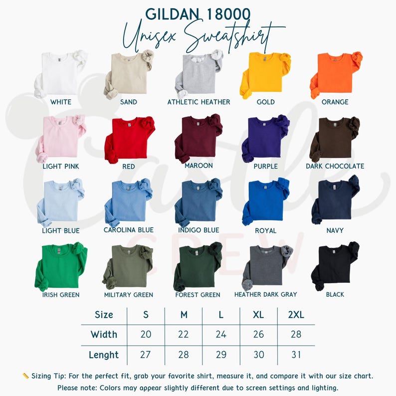 May include: A product image showcasing a variety of Gildan 18000 unisex sweatshirts in various colors, including white, red, and navy. The image also displays a size chart with measurements in inches for width and length, ranging from size S to 2XL.