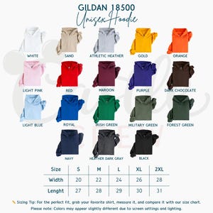 May include: A product image showcasing a variety of Gildan 18500 Unisex Hoodies in various colors, including white, red, and navy. The image also displays a size chart with measurements in inches for width and length, ranging from S to 2XL.