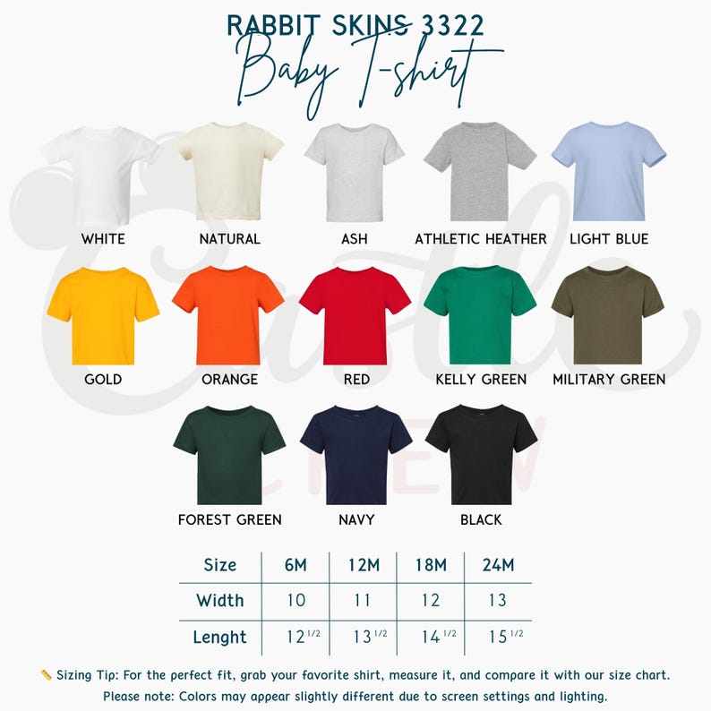 May include: A color chart for Rabbit Skins 3322 baby t-shirts featuring thirteen solid colors: white, natural, ash, athletic heather, light blue, gold, orange, red, kelly green, military green, forest green, navy, and black, with a size chart.