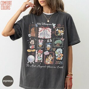 May include: A charcoal gray short-sleeve t-shirt featuring a graphic print with Walt Disneyland text, a castle, and various cartoon characters including Mickey, Minnie, Donald, and Goofy, with the year 2026 and The Most Magical Place on Earth text.
