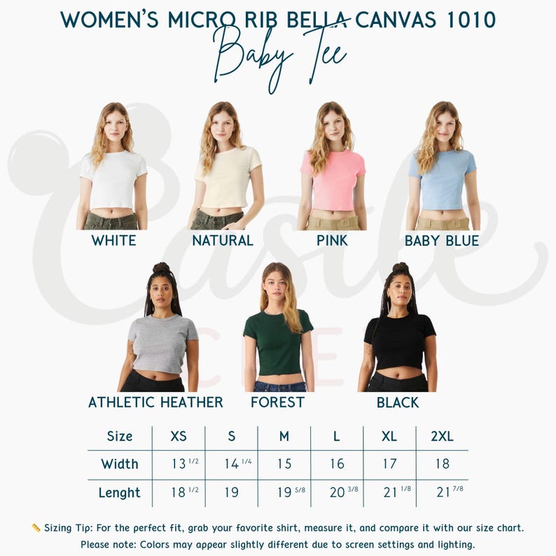 May include: A selection of cropped baby tees in various colors, including white, natural, pink, baby blue, athletic heather, forest green, and black. The image displays the shirts on models, with a size chart below. The text reads "WOMEN'S MICRO RIB BELLA CANVAS 1010 Baby Tee."