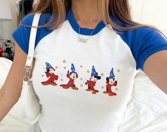 Walt Disney Fantasia Mickey Watercolor Raglan Baby Tee, Y2K Mickey 90s Style Bella Canvas Tee, Mickey Sorcerer Disney Trip Women Tshirt