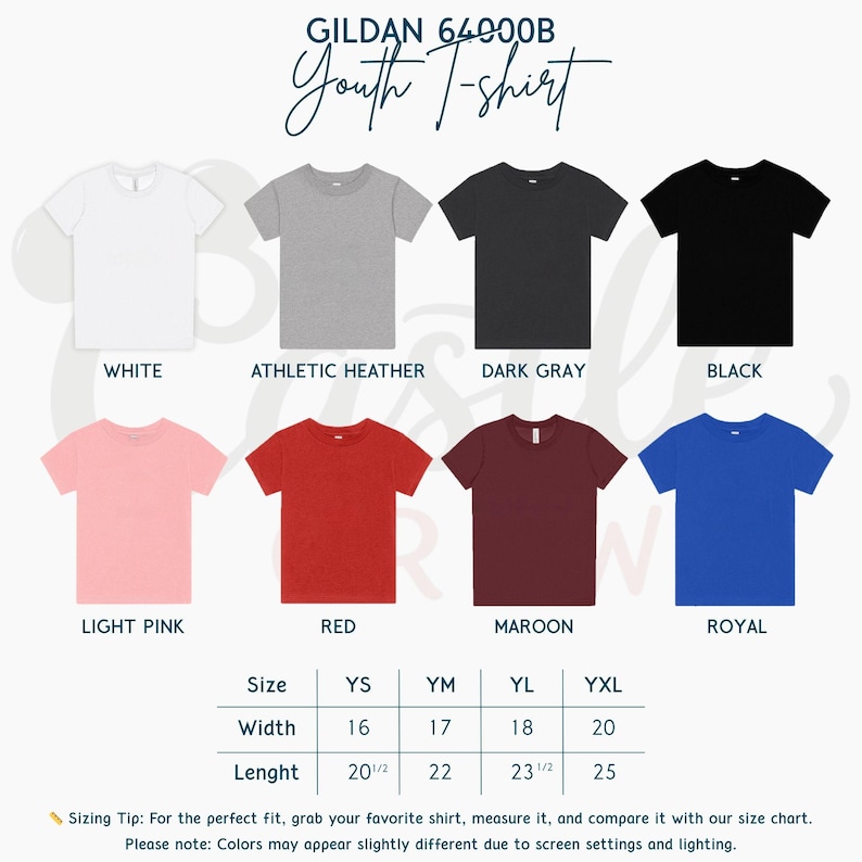 May include: Gildan 64000B youth t-shirt color chart featuring eight short-sleeve shirts in white, athletic heather, dark gray, black, light pink, red, maroon, and royal blue. Includes a size chart with width and length in inches for YS, YM, YL, and YXL sizes.