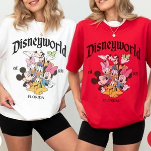 May include: A white t-shirt and a red t-shirt, each featuring a graphic print of Disney characters including Mickey Mouse, Minnie Mouse, Donald Duck, Daisy Duck, Goofy, and Pluto. The text reads Disneyworld, est. 1971, and FLORIDA.