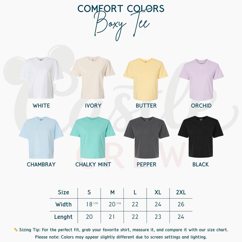 May include: A display of Comfort Colors Boxy Tee shirts in various colors, including white, ivory, butter, orchid, chambray, chalky mint, pepper, and black. Size chart shows width from 18 1/4 to 26 inches and length from 20 to 24 inches.