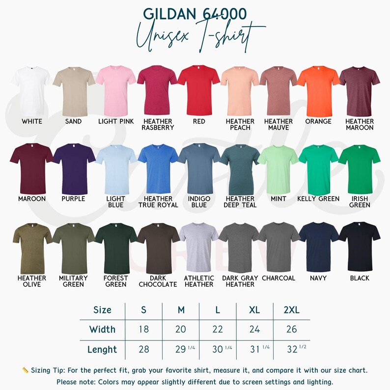 May include: A Gildan 64000 unisex t-shirt color chart displaying 27 different shirt colors with labels including white, sand, pink, red, blue, green, and black. A size chart at the bottom lists width and length measurements in inches for sizes S to 2XL.