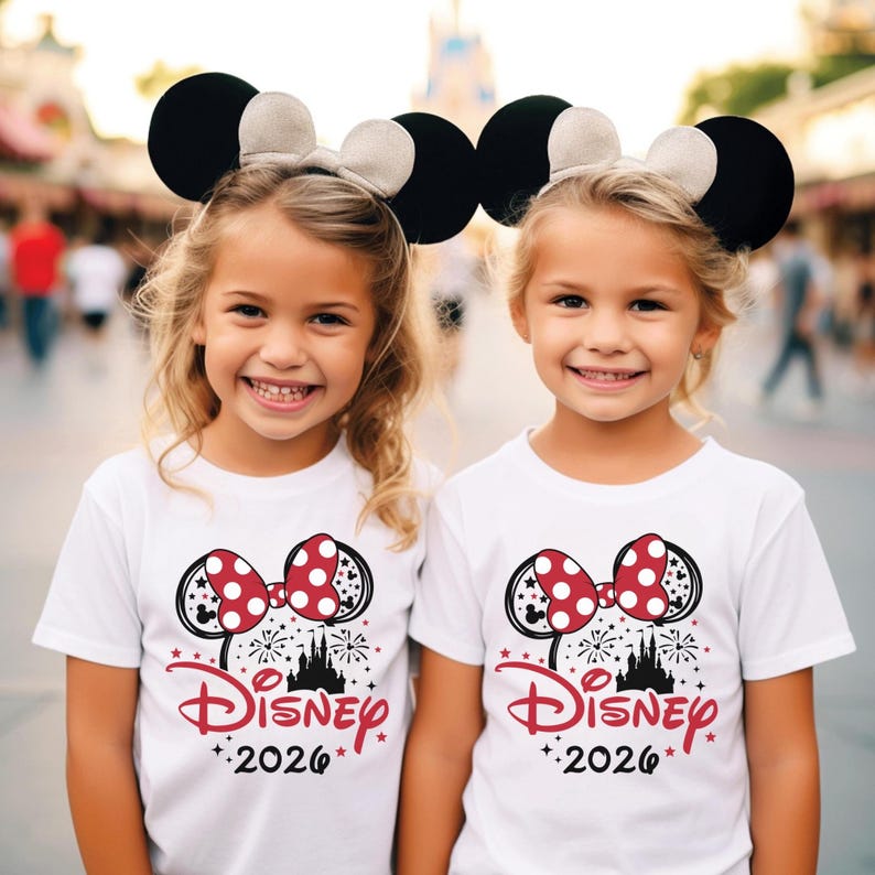 Puede incluir: Dos camisetas blancas con un gr&aacute;fico de orejas de rat&oacute;n negras con un lazo rojo de lunares blancos, una silueta de castillo negra, fuegos artificiales y el texto rojo Disney 2026. Cada camiseta se combina con diademas de orejas de rat&oacute;n a juego.