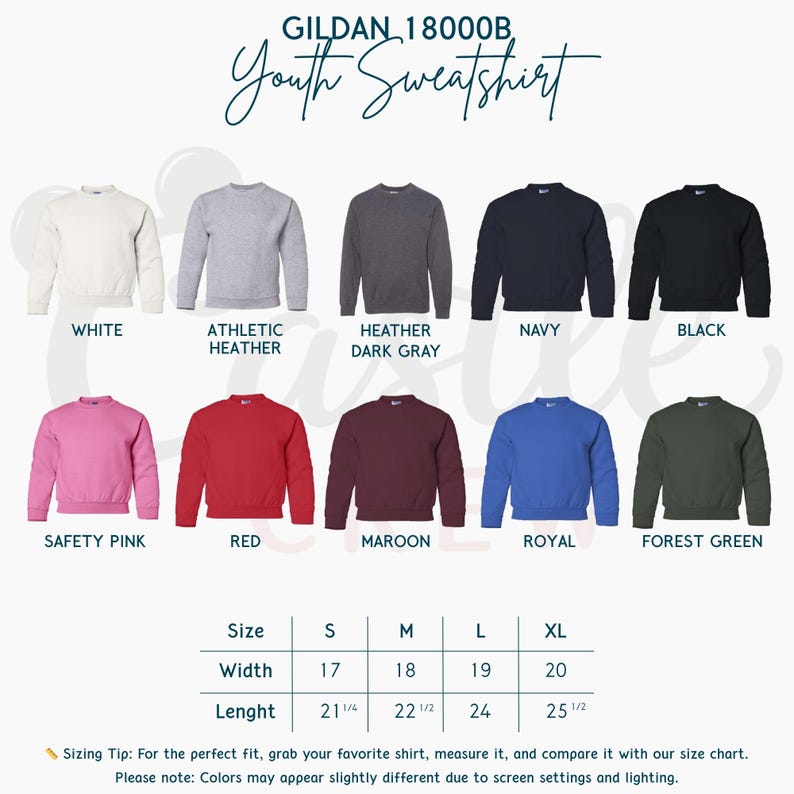 May include: A selection of Gildan 18000B youth sweatshirts in various colors, including white, gray, navy, and black. The image also displays pink, red, maroon, royal blue, and forest green sweatshirts. A size chart is included.