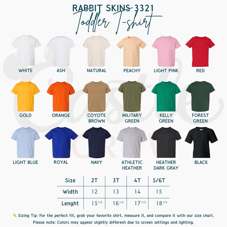 May include: A product display of Rabbit Skins 3321 toddler t-shirts in various colors, including white, red, and navy. The image includes a size chart with measurements in inches for width and length, ranging from 12 to 15 inches wide and 15 1/2 to 18 1/2 inches long.